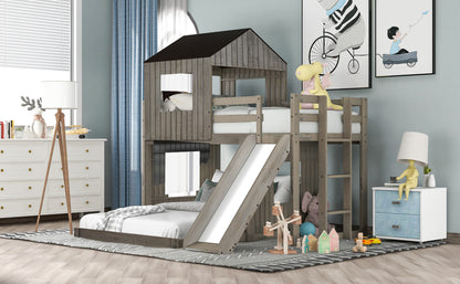 Wooden Twin Over Full Bunk Bed, Loft Bed with Playhouse, Farmhouse, Ladder, Slide and Guardrails, White(OLD SKU :LT000028AAE)