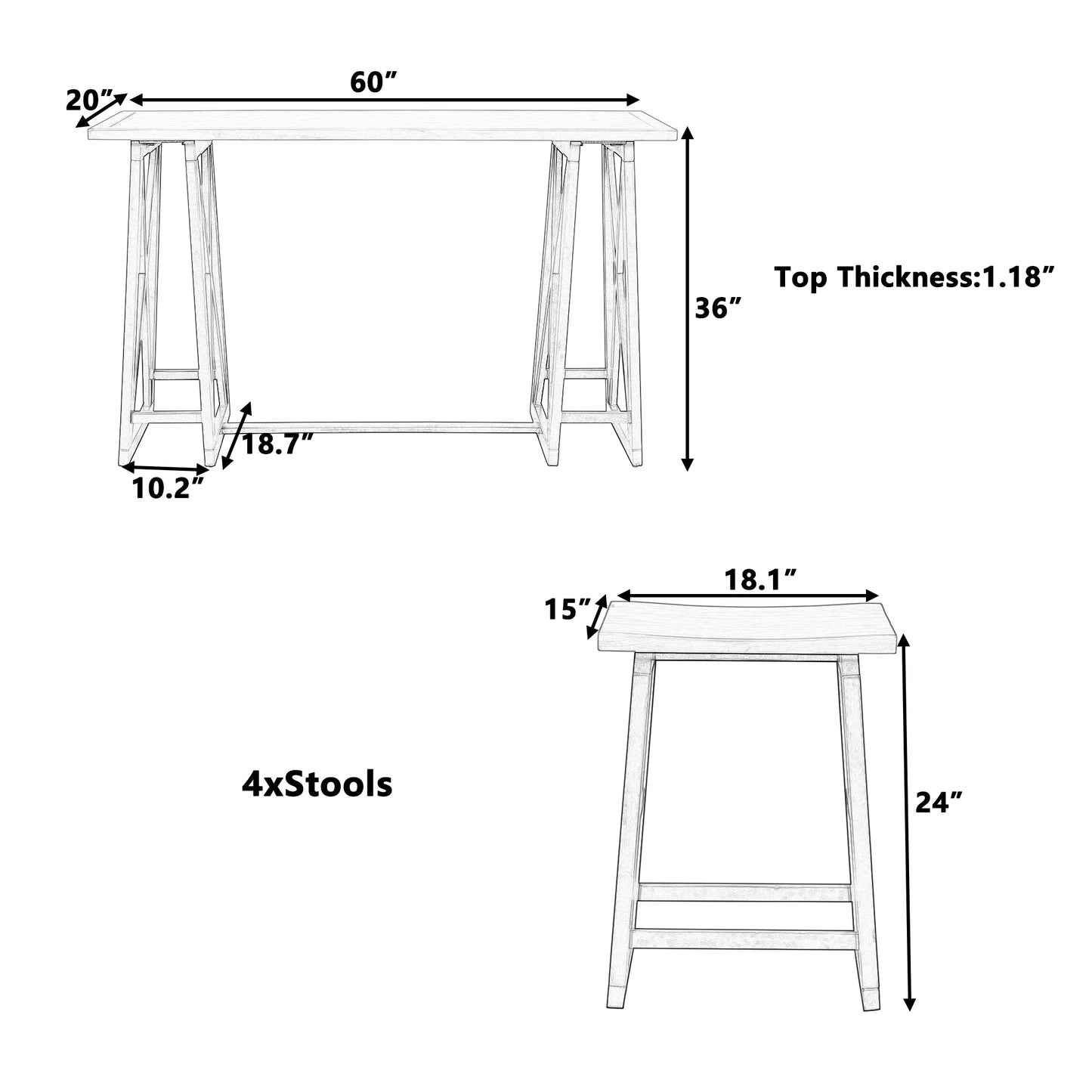 TOPMAX Rustic Counter Height 5-Piece Dining Set, Wood Console Table Set with 4 Stools for Small Places,Walnut+Blue