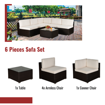 Outdoor Garden Patio Furniture 6-Piece Brown PE Rattan Wicker Sectional Beige Cushioned Sofa Sets