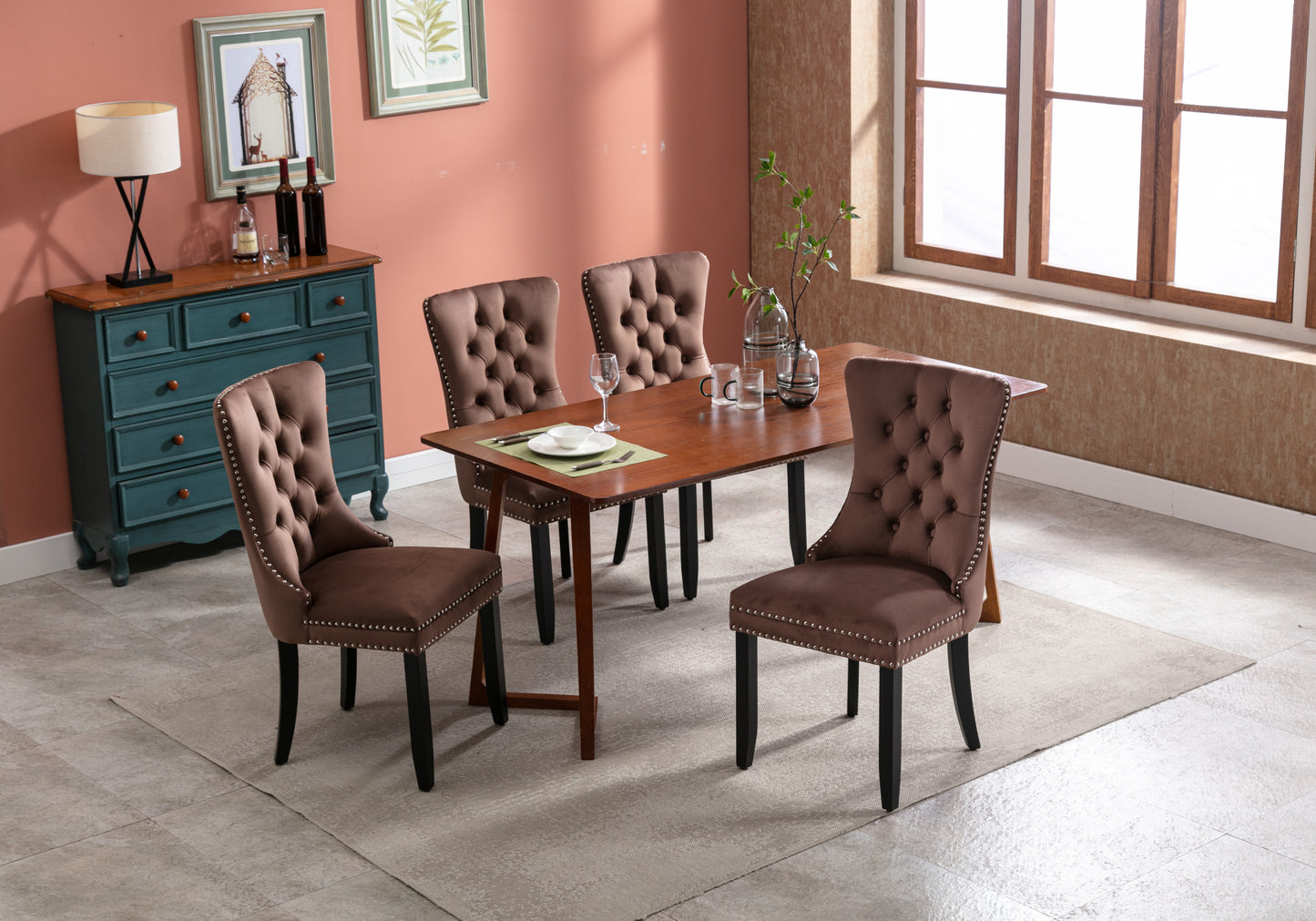 Upholstered Button Tufted Back Brown Velvet Dining Chair with Nailhead Trim and Solid Wood Legs 2 Sets