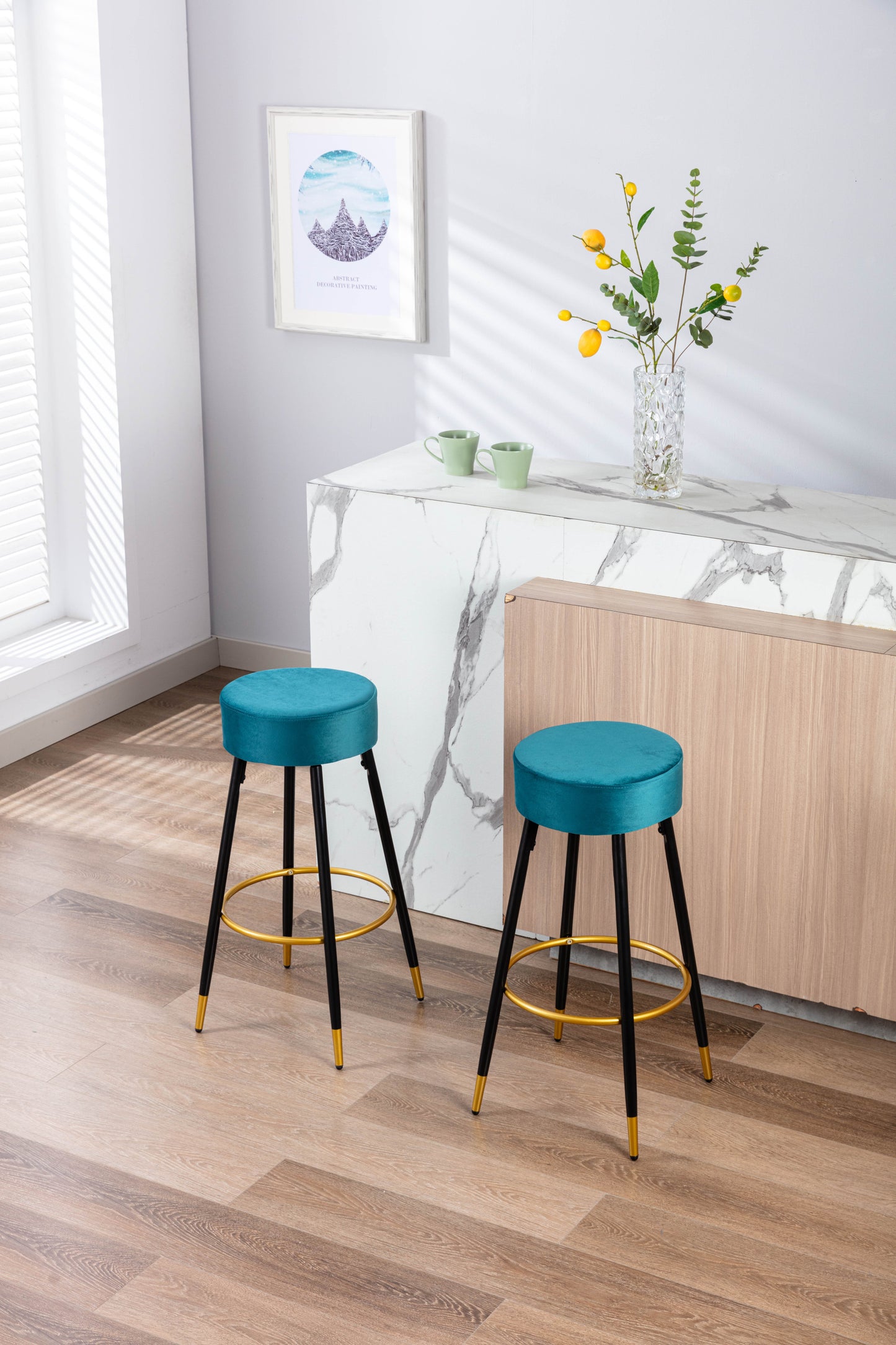 Counter Height Bar Stools Set of 2, Velvet Kitchen Stools Upholstered Dining Chair Stools 24 Inches Height with Golden Footrest for Kitchen Island Coffee Shop Bar Home Balcony,