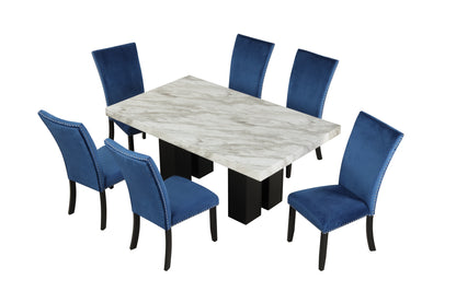 7-piece Dining Table Set with 1 Faux Marble Dining Rectangular Table and 6 Upholstered-Seat Chairs ,for Dining room and Living Room ,Blue