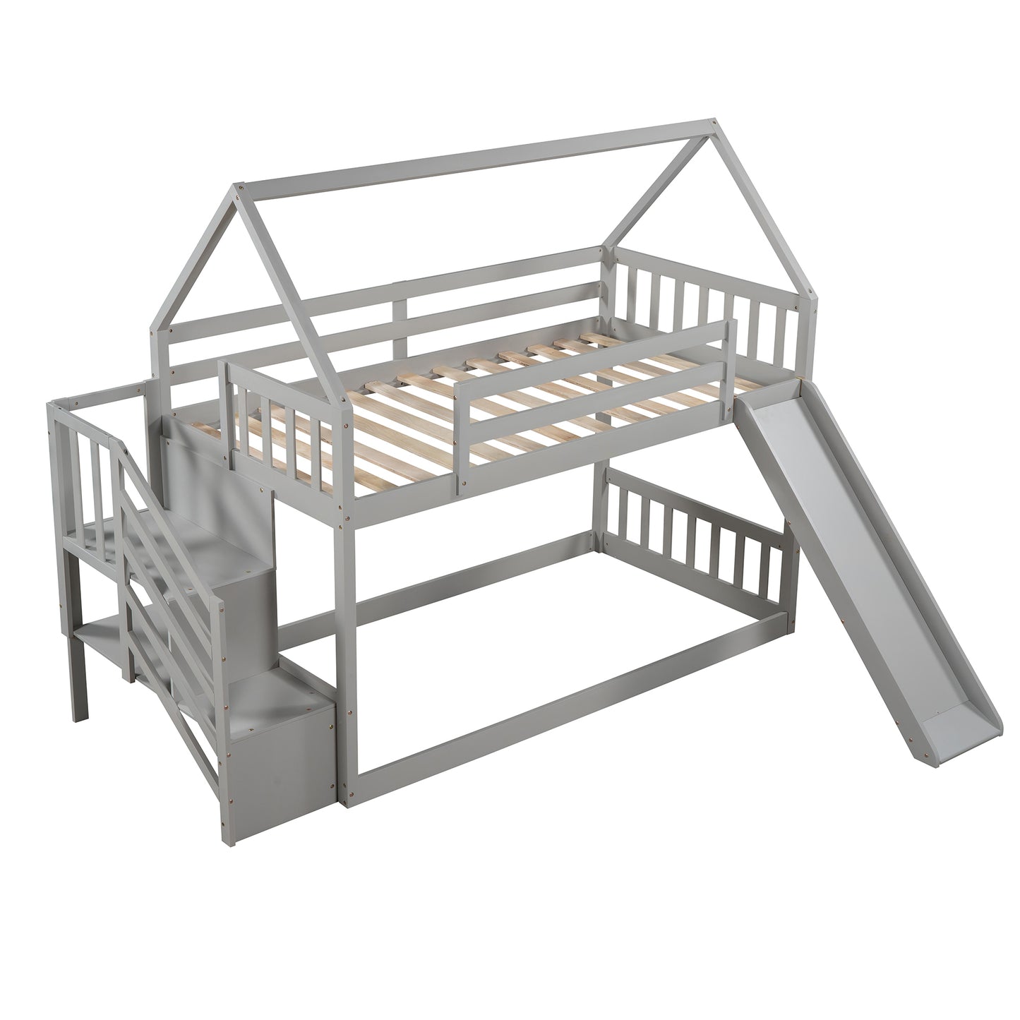 Twin over Twin House Bunk Bed with Slide and Storage Staircase,Grey