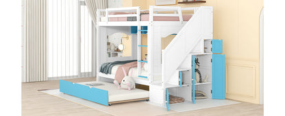 Twin Over Twin Bunk Bed with Trundle ,Stairs,Ladders Solid Wood Bunk bed with Storage Cabinet （White + Blue）