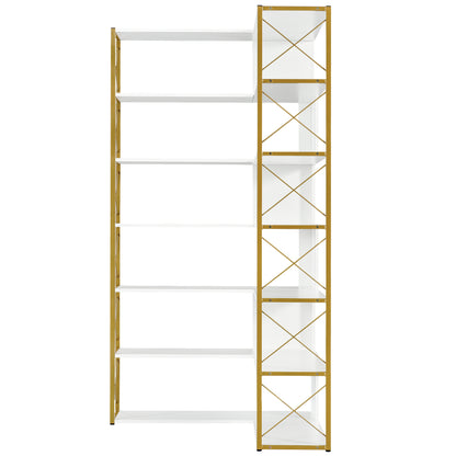 Golden+White 7-Tier Bookcase Home Office Bookshelf,  L-Shaped Corner Bookcase with Metal Frame, Industrial Style Shelf with Open Storage, MDF Board