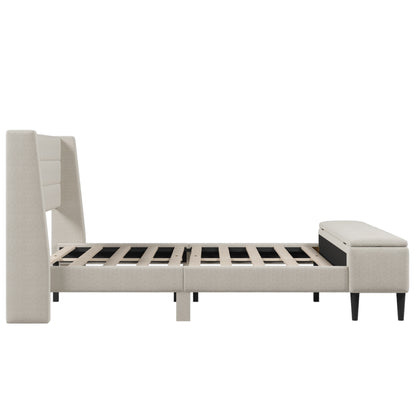 Upholstered Storage Bed Frame with Storage Ottoman Bench, No Box Spring Needed, Queen, Beige