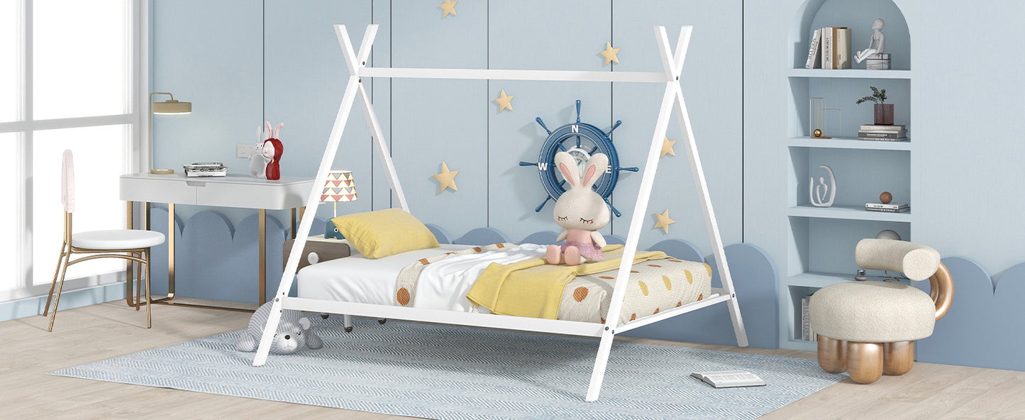 House Bed Tent Bed Frame Full Size Metal Floor Play House Bed with Slat for Kids Girls Boys , No Box Spring Needed White