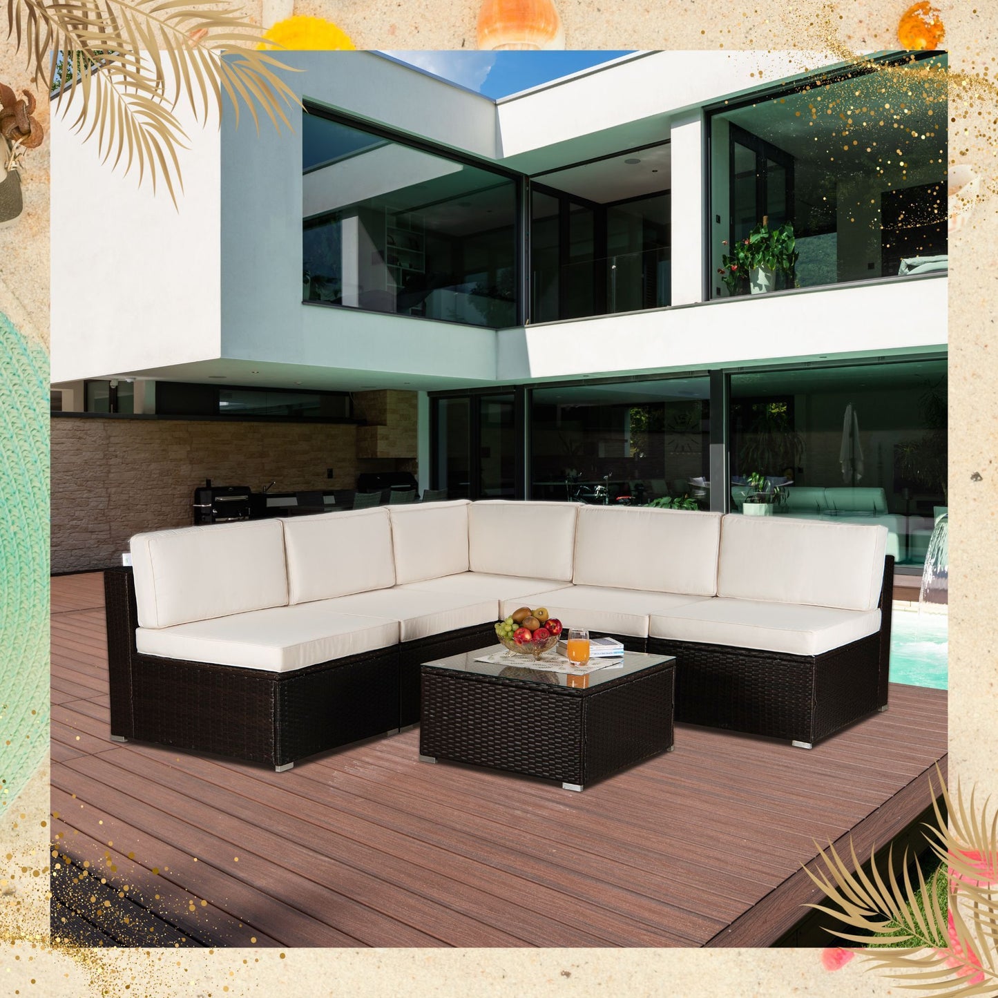 Outdoor Garden Patio Furniture 6-Piece Brown PE Rattan Wicker Sectional Beige Cushioned Sofa Sets