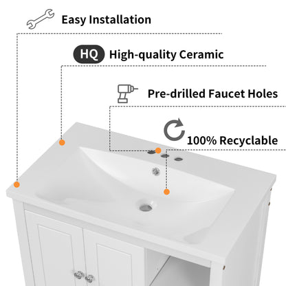 30" Single Bathroom Vanity Top with White Basin, 3-Faucet Holes, Ceramic