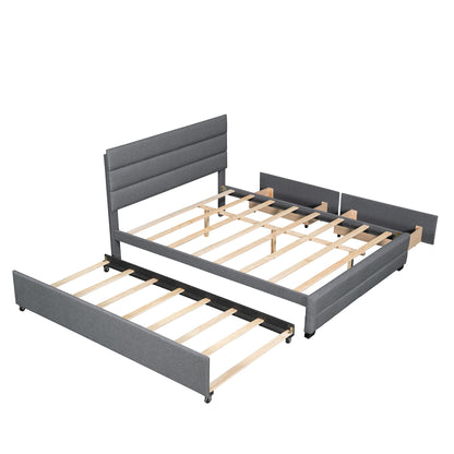 Queen Upholstered Platform Bed with Trundle and Two Drawers,Grey