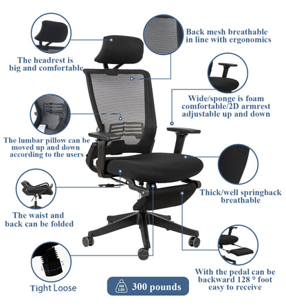 High Back Office Chair with 2d armrest and foot rest, tilt function max 128°,Black