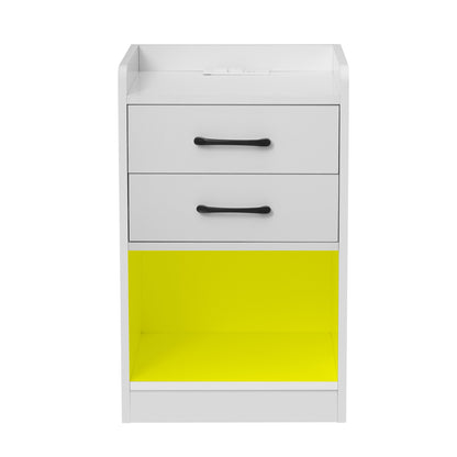 Nightstand with 2 Drawers and Cabinet,USB Charging Ports and Remote Control LED Light-White