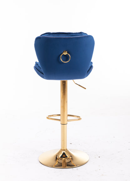 Set of 2  Bar Stools,with Chrome Footrest and Base Swivel Height Adjustable Mechanical Lifting Velvet + Golden Leg Simple Bar Stool-blue