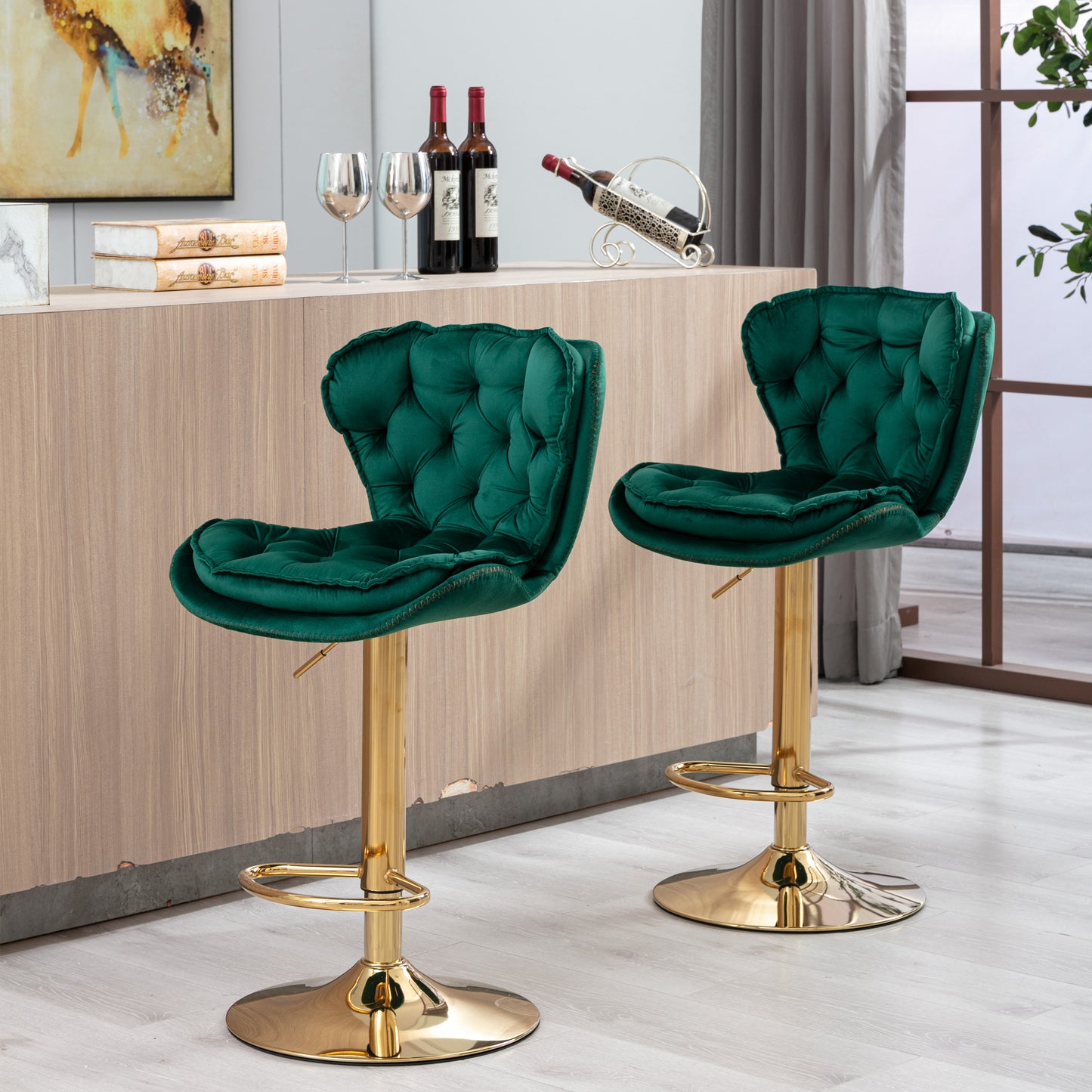 Set of 2  Bar Stools,with Chrome Footrest and Base Swivel Height Adjustable Mechanical Lifting Velvet + Golden Leg Simple Bar Stool-Green