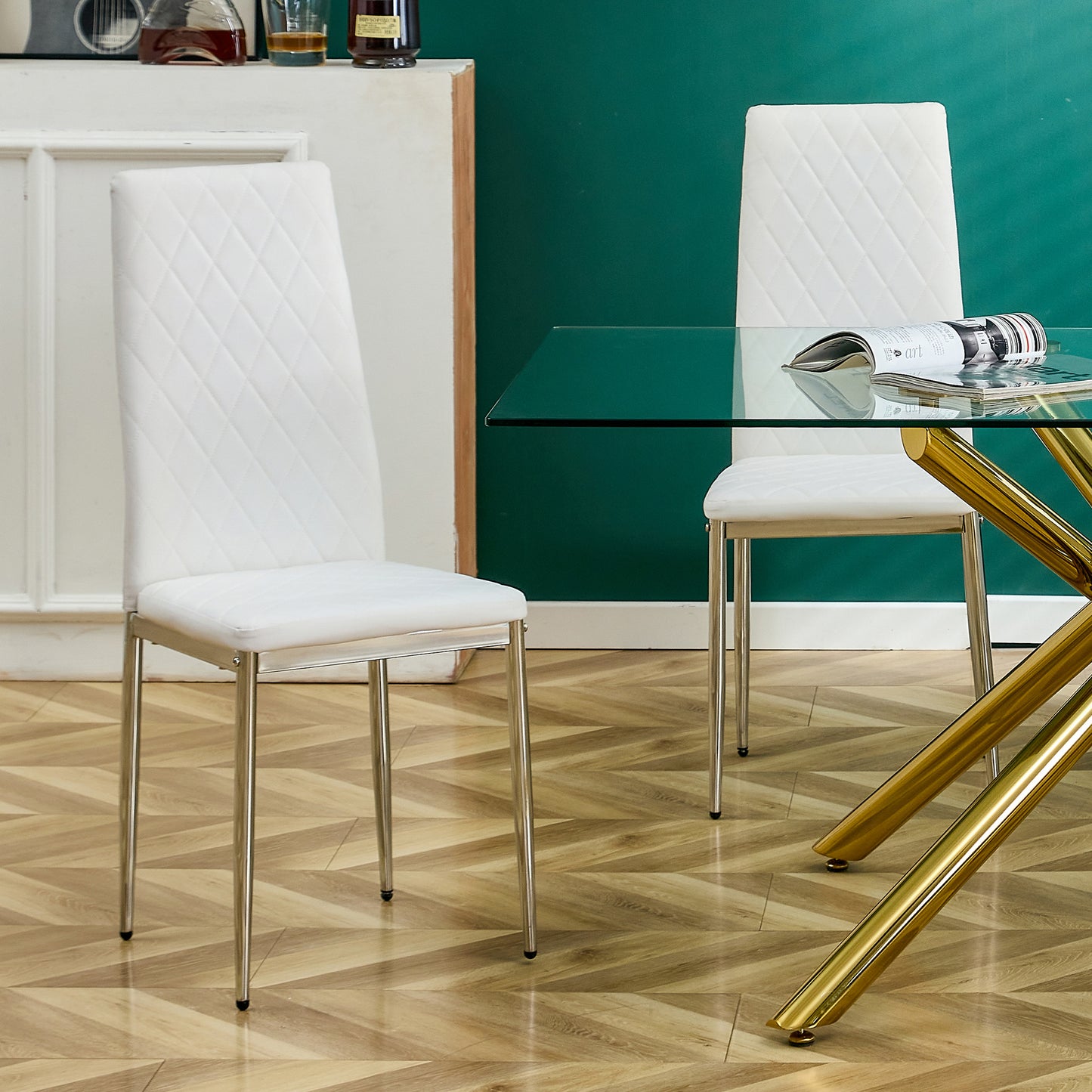 Grid Shaped Armless High Back Dining Chair,2-Piece Set, Office Chair. Applicable to Dining Room, Living Room, Kitchen and Office.White Chair and Electroplated Metal Leg