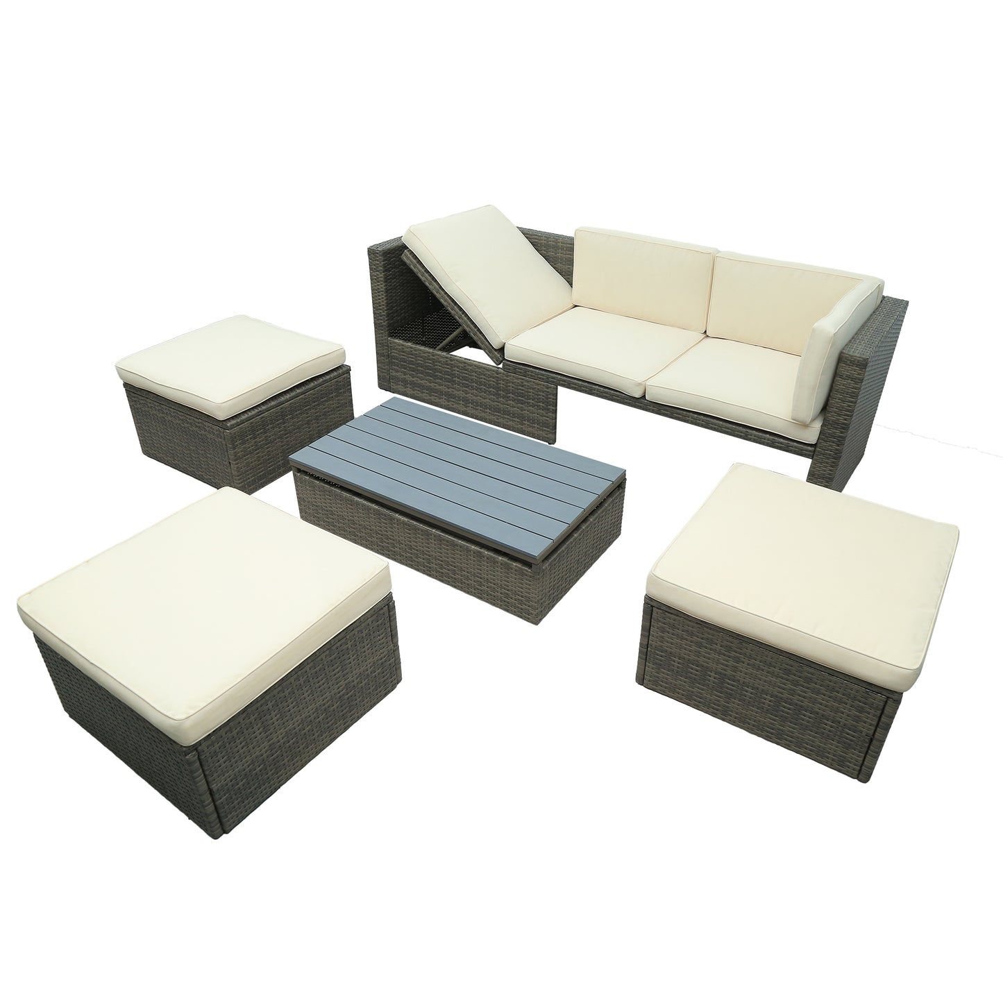 U_STYLE Patio Furniture Sets, 5-Piece Patio Wicker Sofa with Adustable Backrest, Cushions, Ottomans and Lift Top Coffee Table