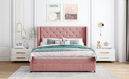 Queen Size Storage Bed Velvet Upholstered Platform Bed with Wingback Headboard and a Big Drawer (Pink)