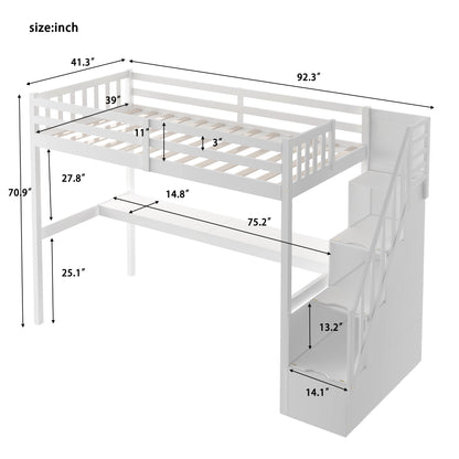 Twin Size Loft Bed with Staircase and Built-in Desk ,White