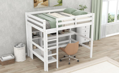 Full Size Loft Bed with Multifunction Shelves and Under-bed Desk, White