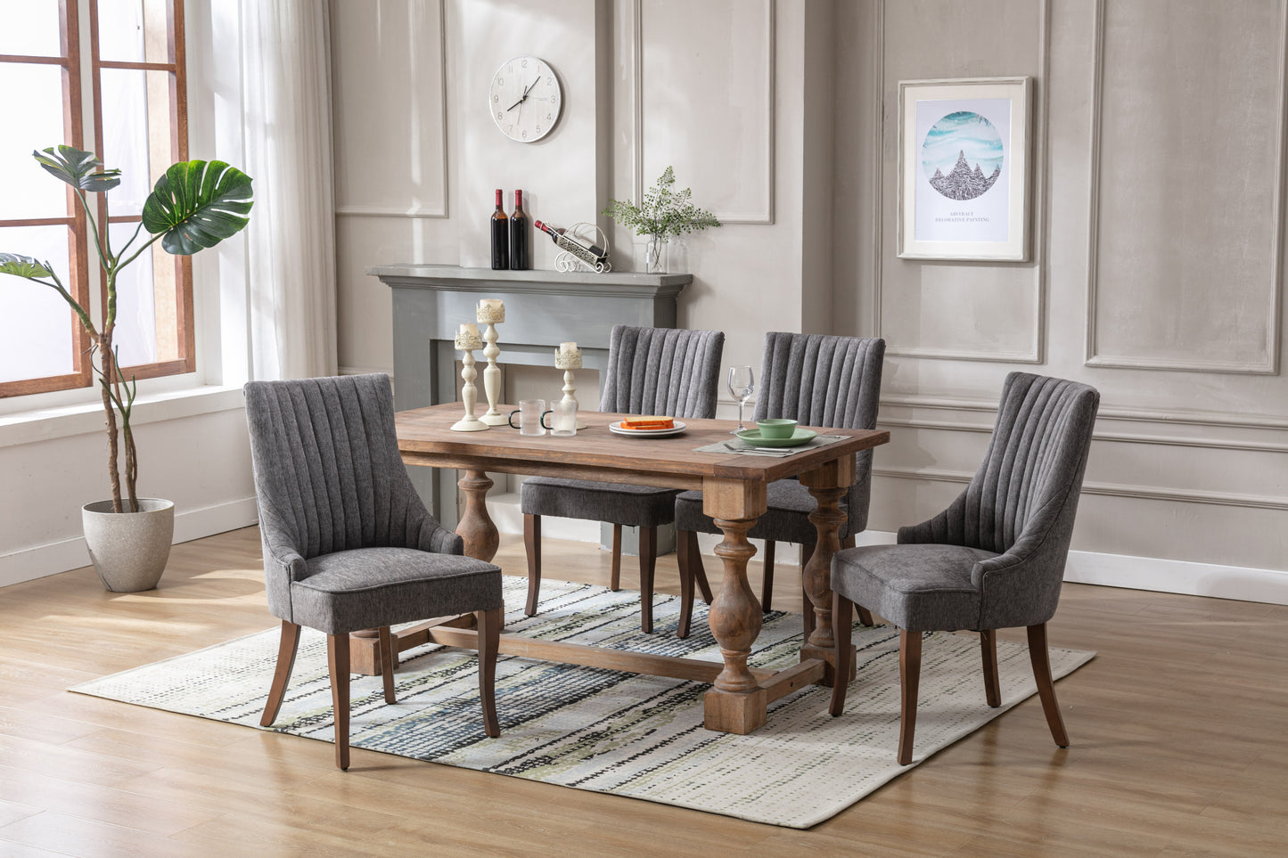 Exquisite Gray Linen Fabric Upholstered Strip Back Dining Chair with Solid Wood Legs 2 Pcs