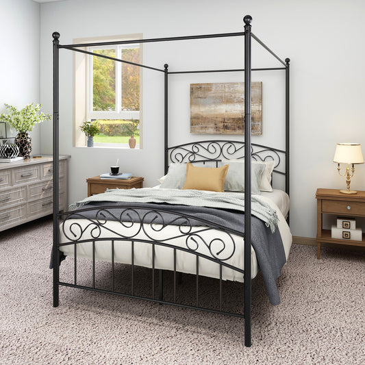 Metal Canopy Bed Frame with Ornate European Style Headboard & Footboard  Perfectly Fits Your Mattress Easy DIY Assembly All Parts Included, Full Black（same as W84034155）