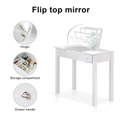 Accent White Vanity Table with Flip-Top Mirror and 2 Drawers, Jewelry Storage for Women Dressing