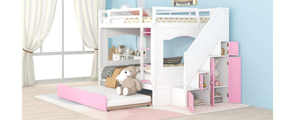 Full Over Full Bunk Bed with Trundle ,Stairs,Ladders Solid Wood Bunk bed with Storage Cabinet （White + Pink）