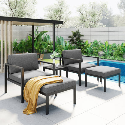 TOPMAX Outdoor Patio 5-piece Aluminum Alloy Conversation Set Sofa Set with Coffee Table and Stools for Poolside, Garden,Black Frame+Gray Cushion