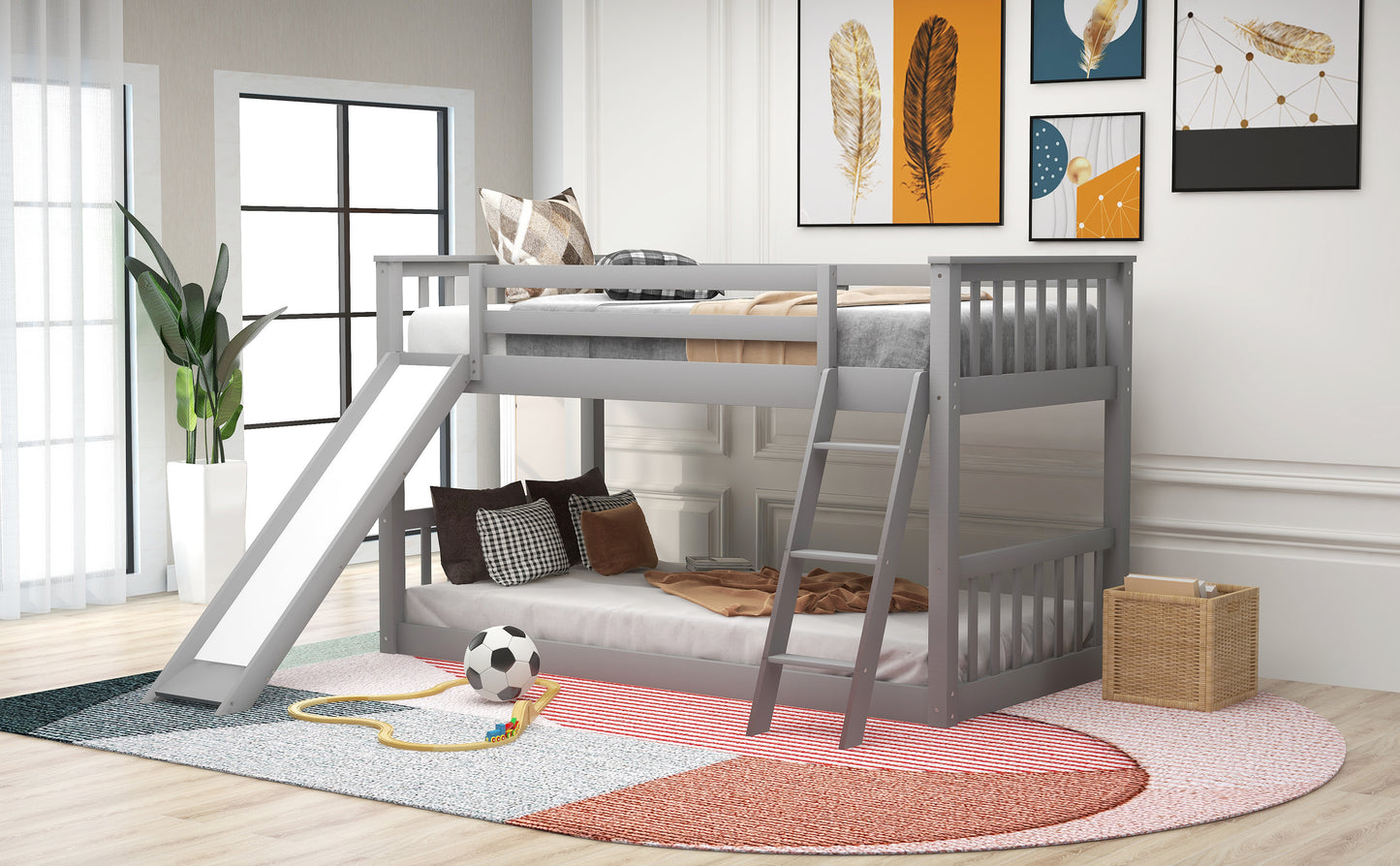 Twin over Twin Bunk Bed with Convertible Slide and Ladder, Gray