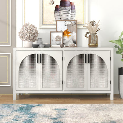 TREXM Large Storage Space Sideboard with Artificial Rattan Door and metal handles for Living Room and Entryway (White)