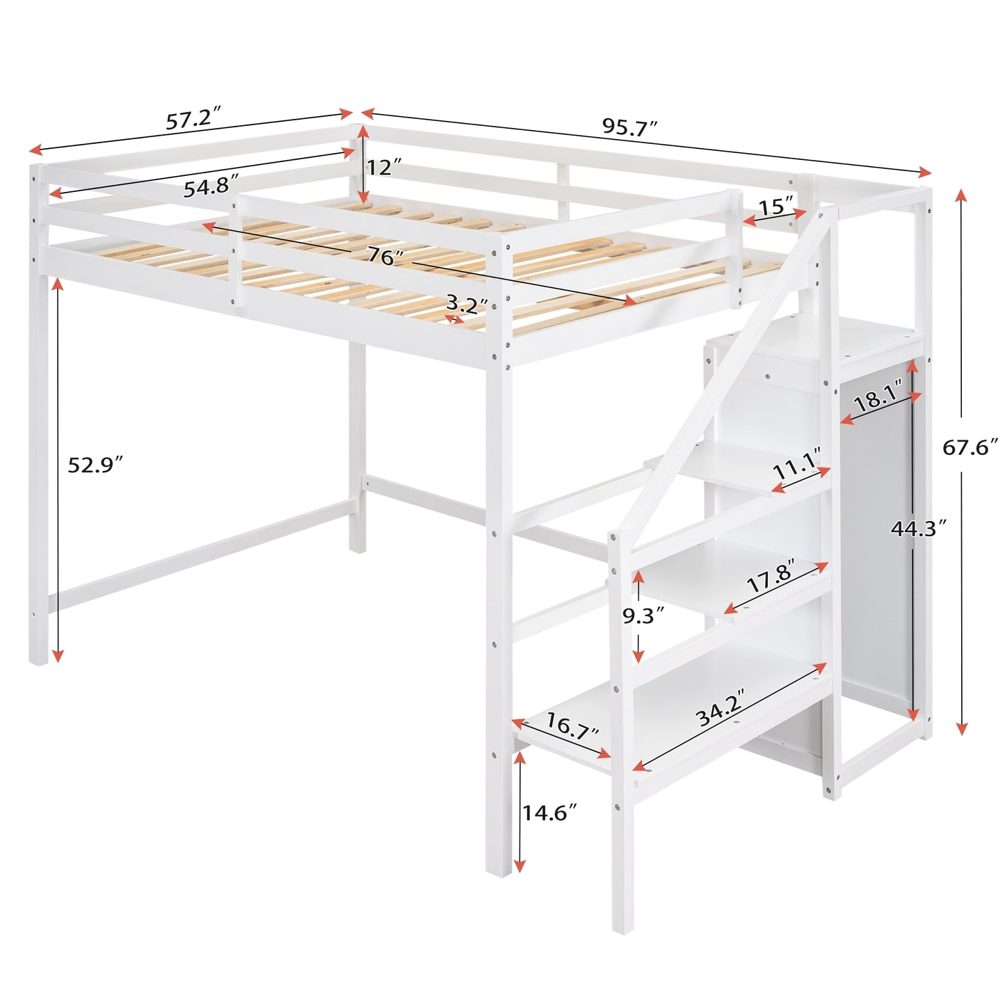 Full Size Loft Bed with Built-in Storage Wardrobe and Staircase,White