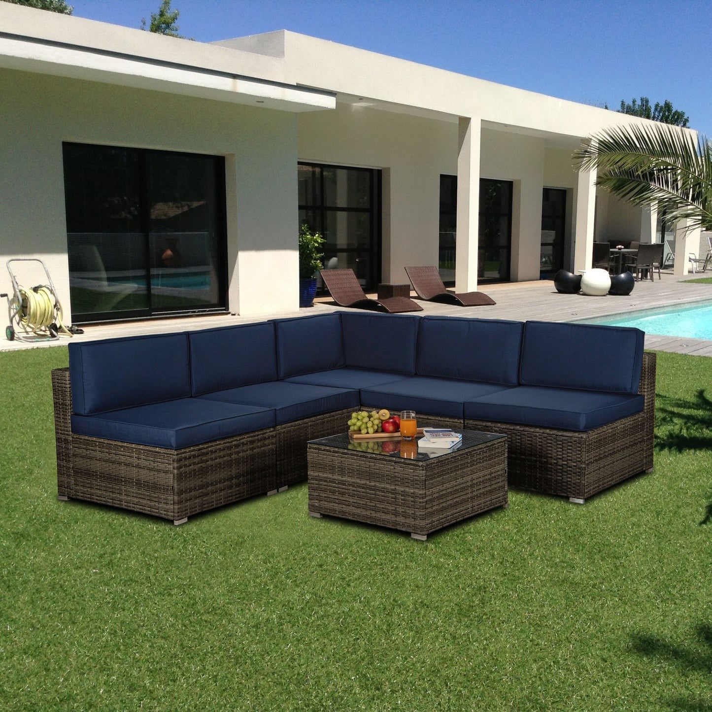 Outdoor Garden Patio Furniture 6-Piece Dark Gray PE Rattan Wicker Sectional Navy Cushioned Sofa Sets