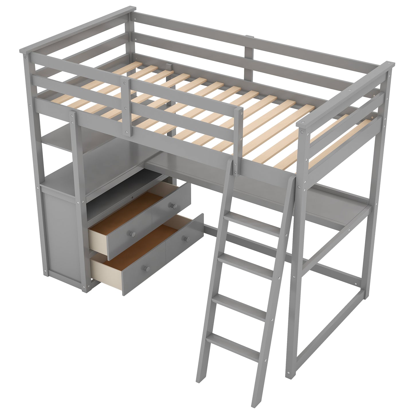 Twin Size Loft Bed with Desk and Shelves,Two Built-in Drawers,Gray(OLD SKU:GX000803AAE)