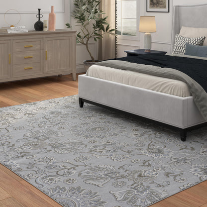 Lily Light Gray, Medium Gray, Blue and Ivory Chenille and Viscose High - Low Area Rug 8x10