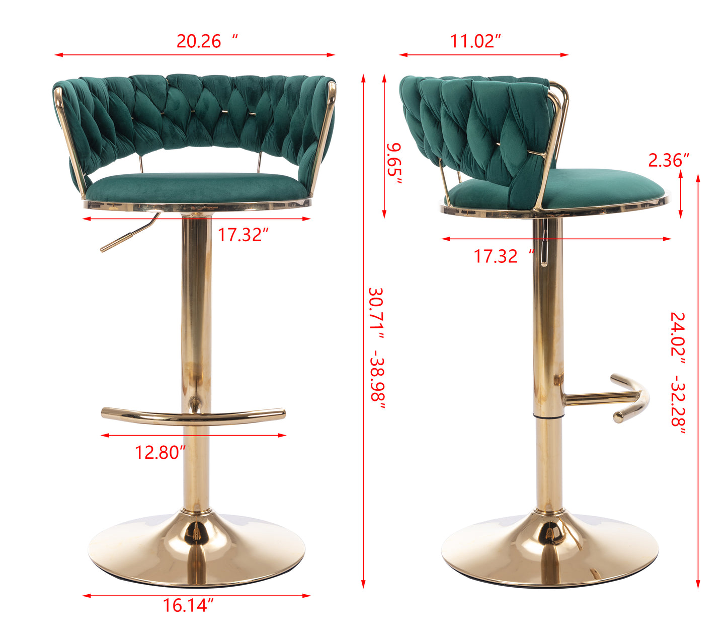 Set of 2  Bar Stools,with Chrome Footrest and Base Swivel Height Adjustable Mechanical Lifting Velvet + Golden Leg Simple Bar Stool-Green