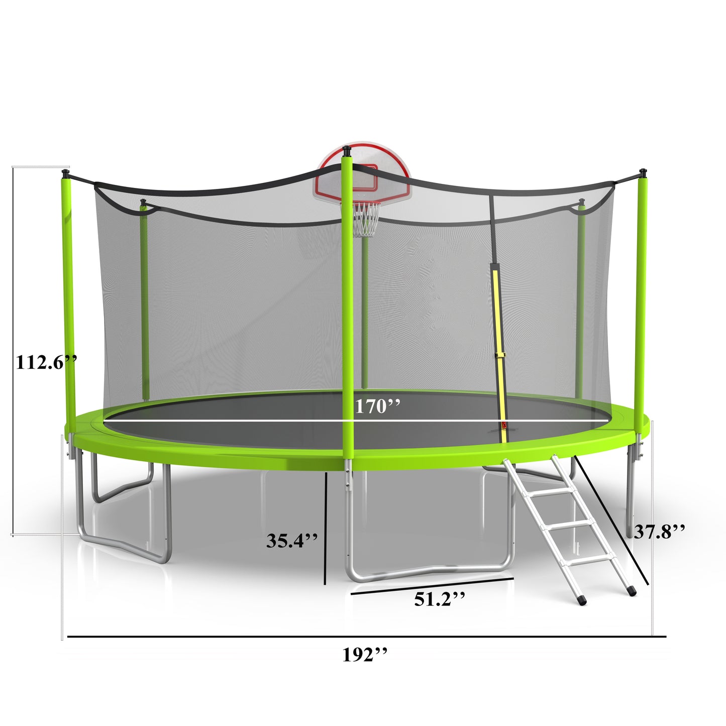 16ft Trampoline with Enclosure, New Upgraded Kids Outdoor Trampoline with Basketball Hoop and Ladder, Heavy-Duty Round Trampoline，Green