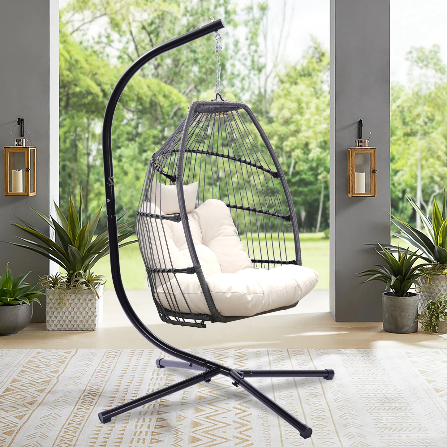 Outdoor Patio Wicker Folding Hanging Chair,Rattan Swing Hammock Egg Chair With Cushion And Pillow