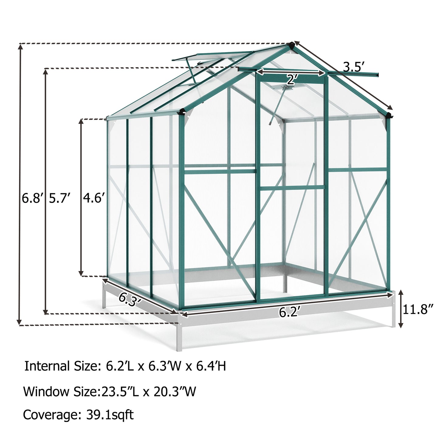 TOPMAX Upgraded Outdoor Patio 6.2ft Wx6.3ft D Greenhouse, Walk-in Polycarbonate Greenhouse with 2 Windows and Base,Aluminum Hobby Greenhouse with Sliding Door for Garden, Backyard, Green