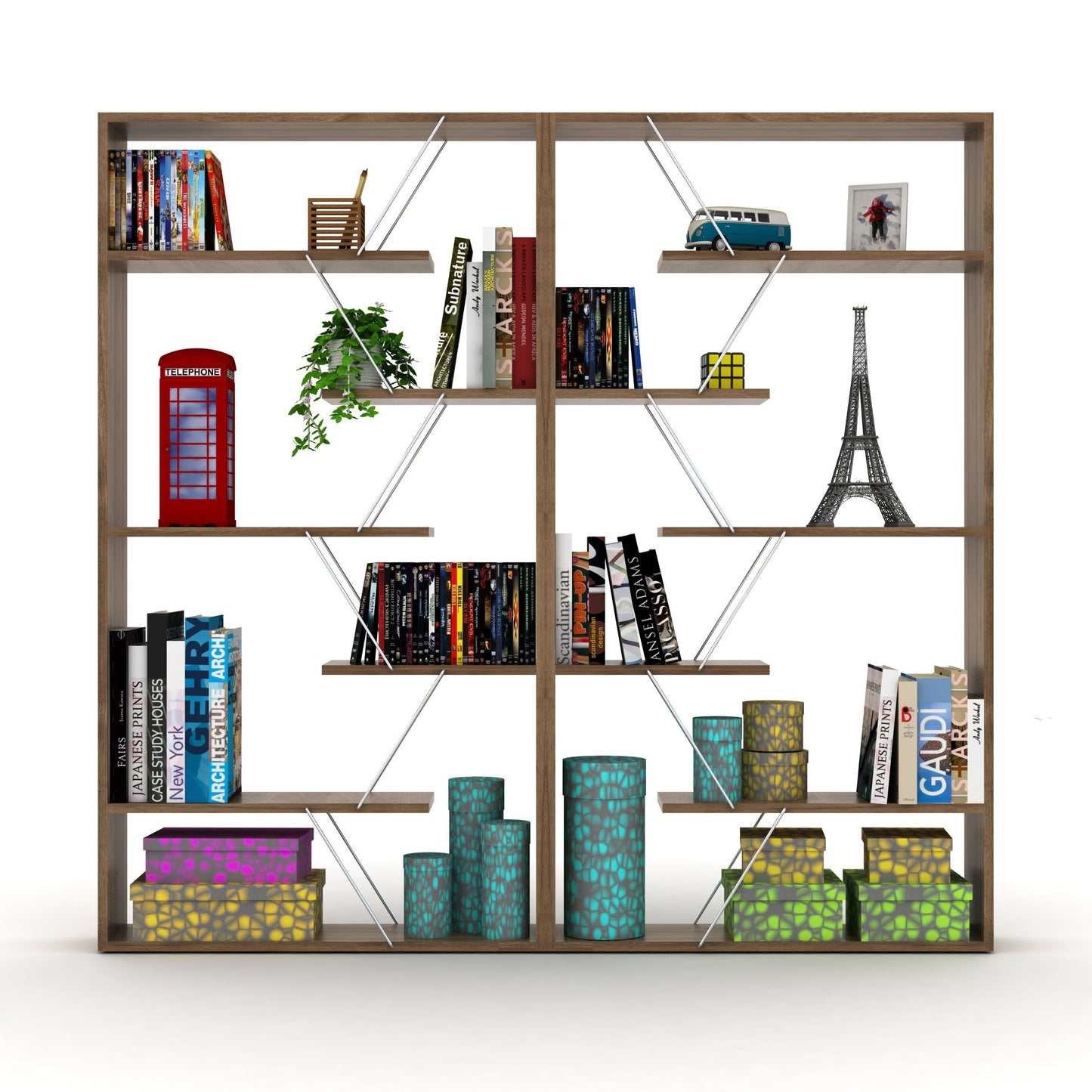 Furnish Home Store Wood Frame Etagere Open Back 6 Shelves Bookcase Industrial Bookshelf for Office and Living Rooms Modern Bookcases Large Bookshelf Organizer, Walnut/Chrome