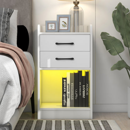 Nightstand with 2 Drawers and Cabinet,USB Charging Ports and Remote Control LED Light-White