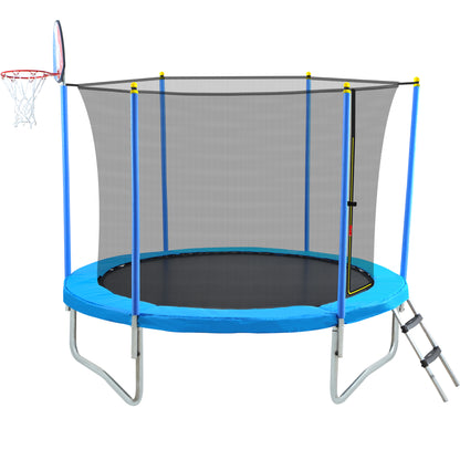 8FT Trampoline for Kids with Safety Enclosure Net, Basketball Hoop and Ladder, Easy Assembly Round Outdoor Recreational Trampoline