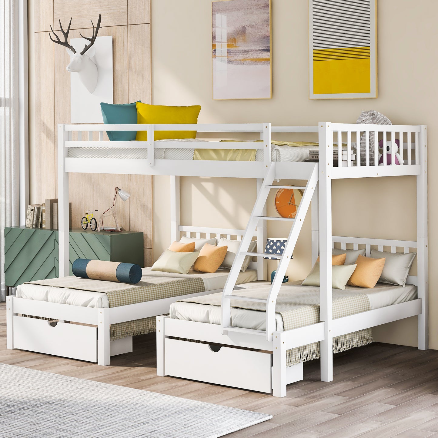 Full Over Twin & Twin Bunk Bed, Wood Triple Bunk Bed with Drawers and Guardrails  (White) （OLD SKU:LP000143AAK）