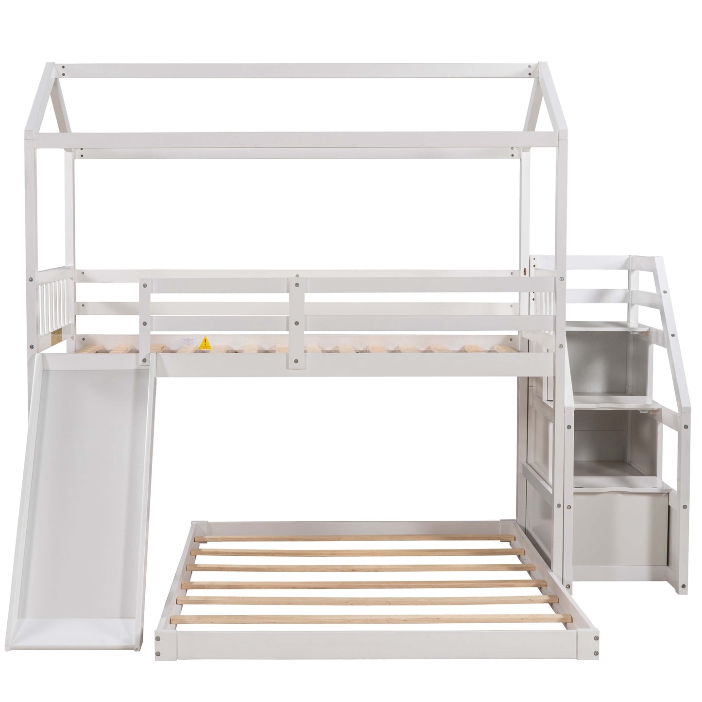 Twin over Full House Bunk Bed with Convertible Slide and Storage Staircase,Full-Length Guardrail,White