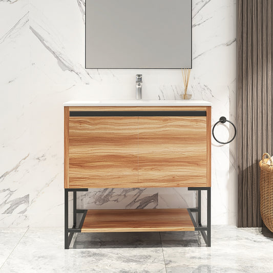 32 inches Wood Freestanding Bathroom Vanity Combo with Integrated Ceramic Sink and 2 Soft Close Doors