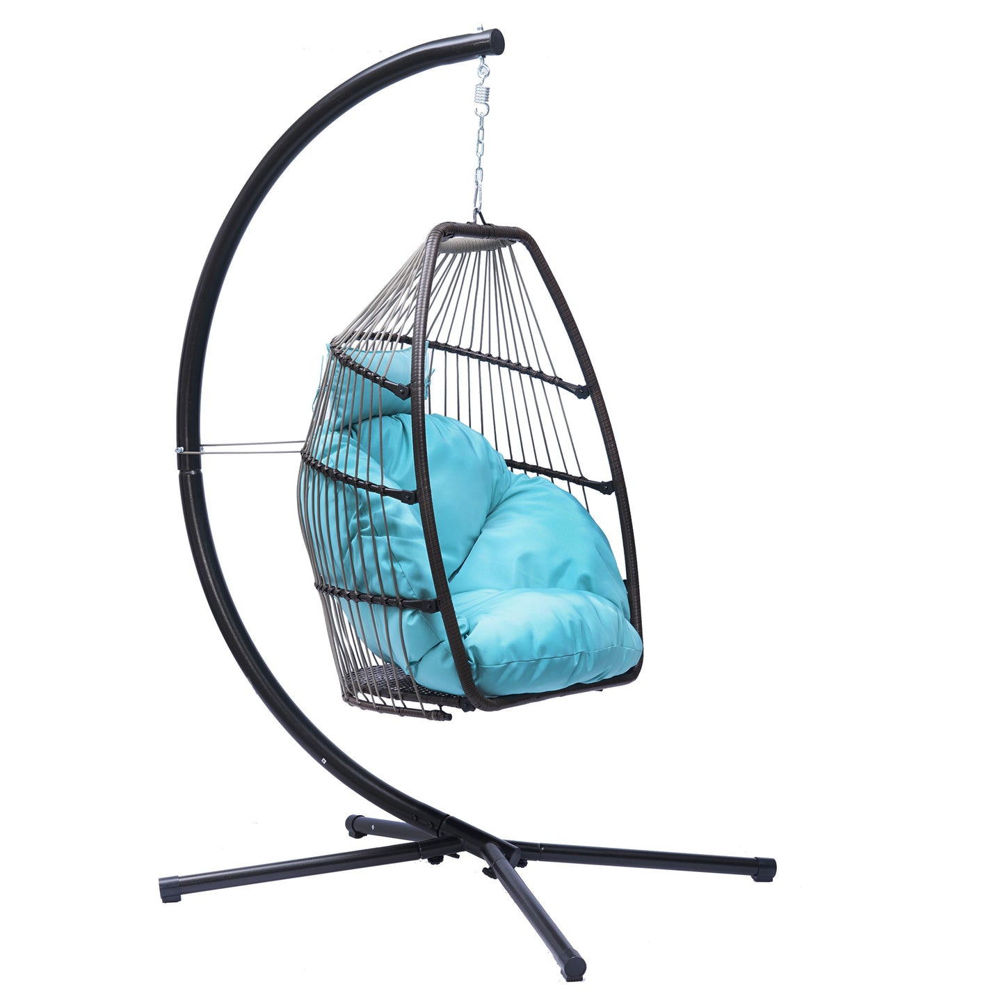 Patio Wicker folding Hanging Chair,Rattan Swing Hammock Egg Chair with C Type bracket , with cushion and pillow,for Indoor,Outdoor，Blue