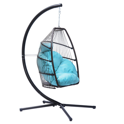 Patio Wicker folding Hanging Chair,Rattan Swing Hammock Egg Chair with C Type bracket , with cushion and pillow,for Indoor,Outdoor，Blue