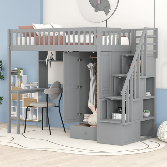 Twin size Loft Bed with Bookshelf,Drawers,Desk,and Wardrobe-Gray