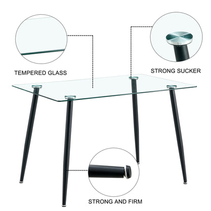 Modern Minimalist Rectangular Glass Dining Table for 4-6 with 0.31" Tempered Glass Tabletop and Black Coating Metal Legs, Writing Table Desk, for Kitchen Dining Living Room, 47" W x 31"D x 30" H