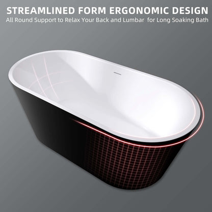 55" Acrylic Free Standing Tub - Classic Oval Shape Soaking Tub, Adjustable Freestanding Bathtub with Integrated Slotted Overflow and Chrome Pop-up Drain Anti-clogging Gloss Black