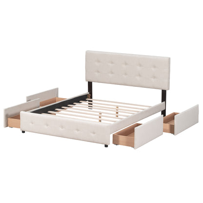 Upholstered Platform Bed with Classic Headboard and 4 Drawers, No Box Spring Needed, Linen Fabric, Queen Size Beige(OLD SKU :LP000114AAA)